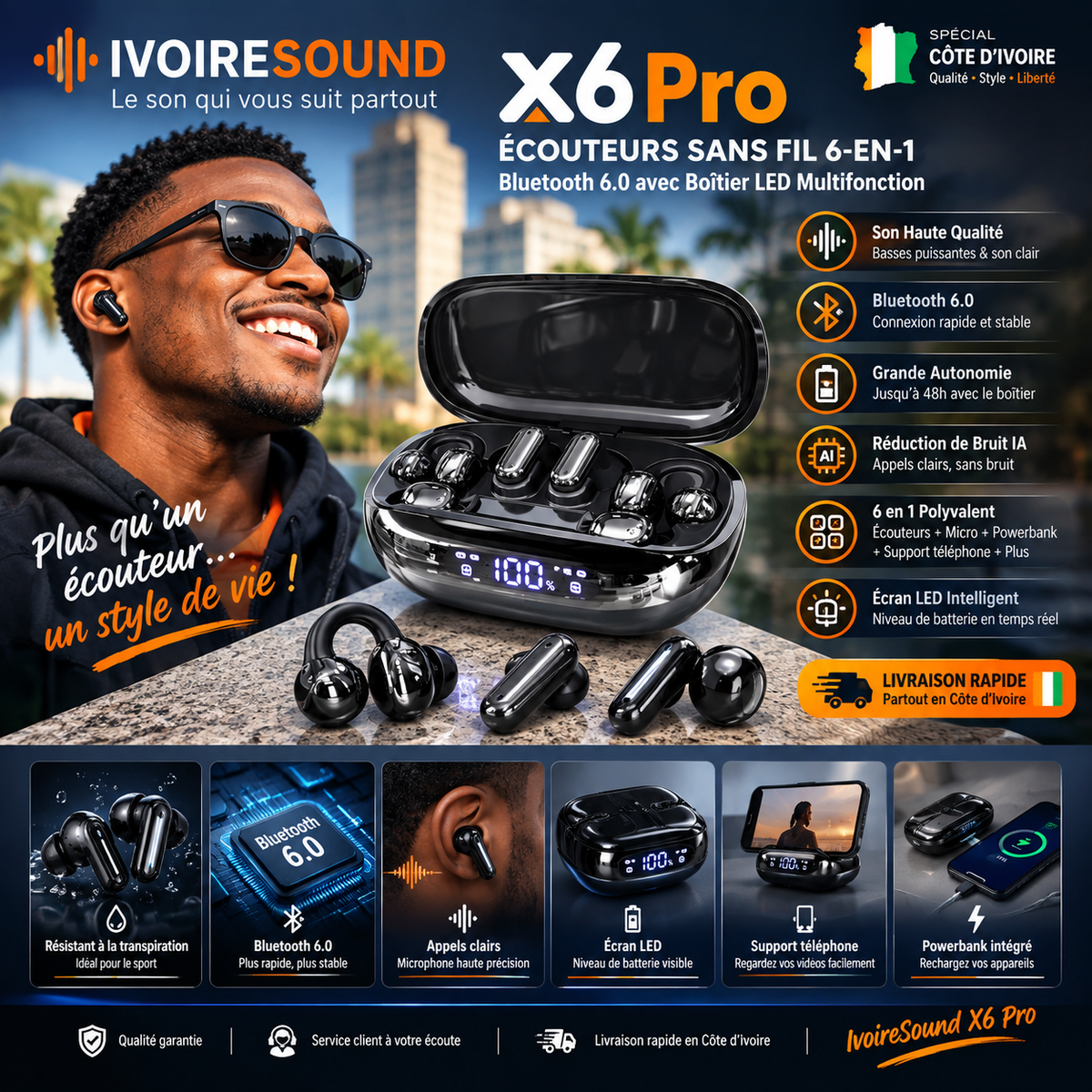 IvoireSound X6 Pro – Écouteurs Sans Fil   🎧 6-en-1💎